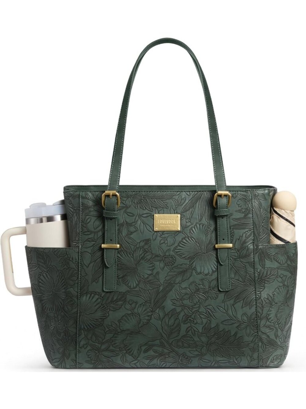 Vintage Leather Laptop Tote Bag for Women, 15.6" Work Bag with Water Bottle